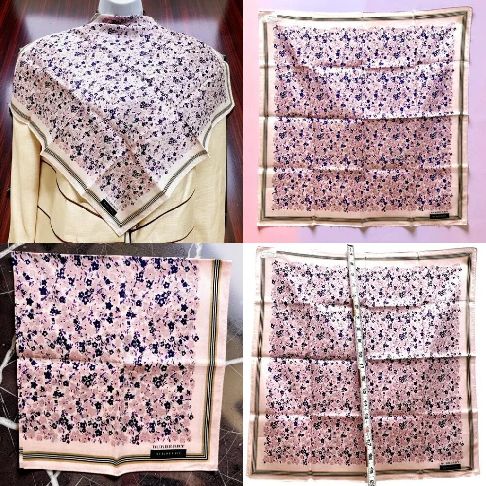 New W/Tag Burberry   Miniscarf/handker 20"" Lavender Flora with Black Trim (72) - Picture 4 of 11
